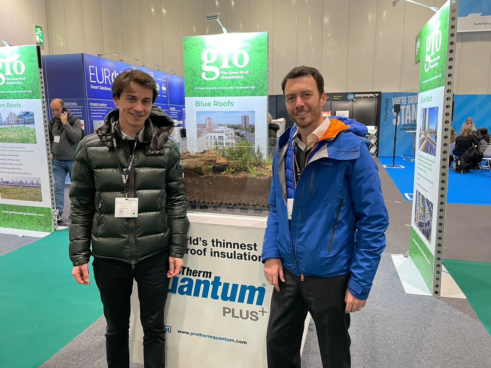 Nathan Vanderkeckhove and Paul Edouard Granoux, team members of Flying Point attend the fair FutureBuild 2023 in London (United Kingdom) on 9th March, 2023.